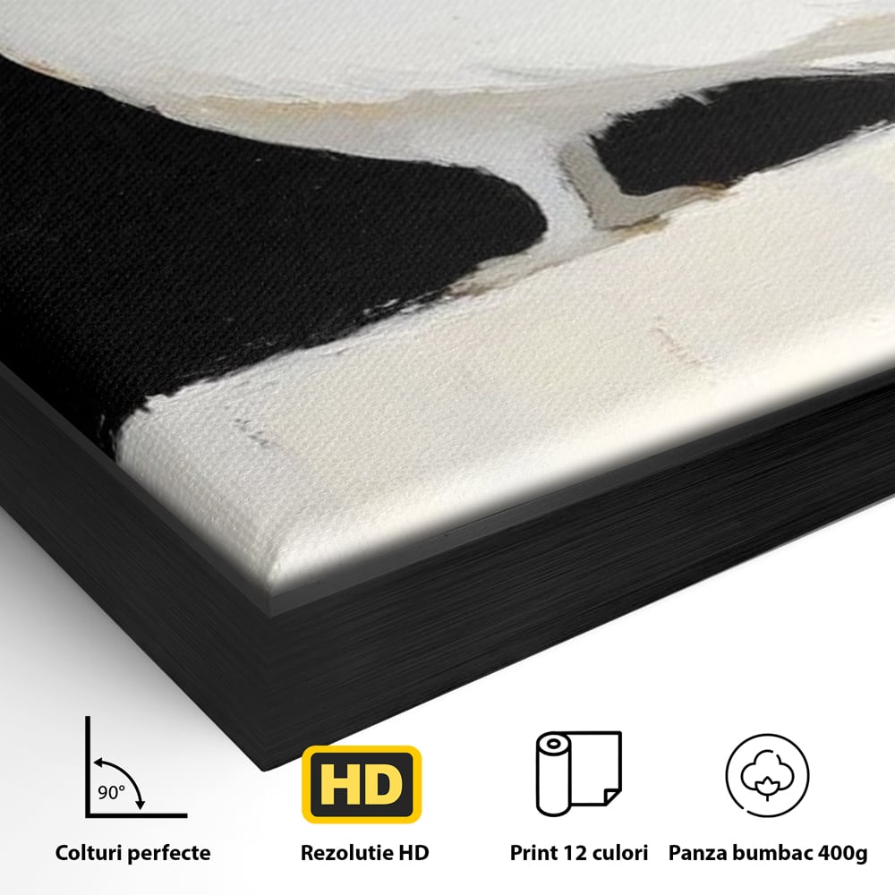 Detaliu al suprafetei: tablou canvas cu bufnita alba, in rama de aluminiu negru